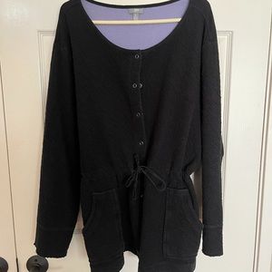 JJill Black Knit Cotton Snap Cardigan Long Sleeves Purple Lining Tie Waist XL